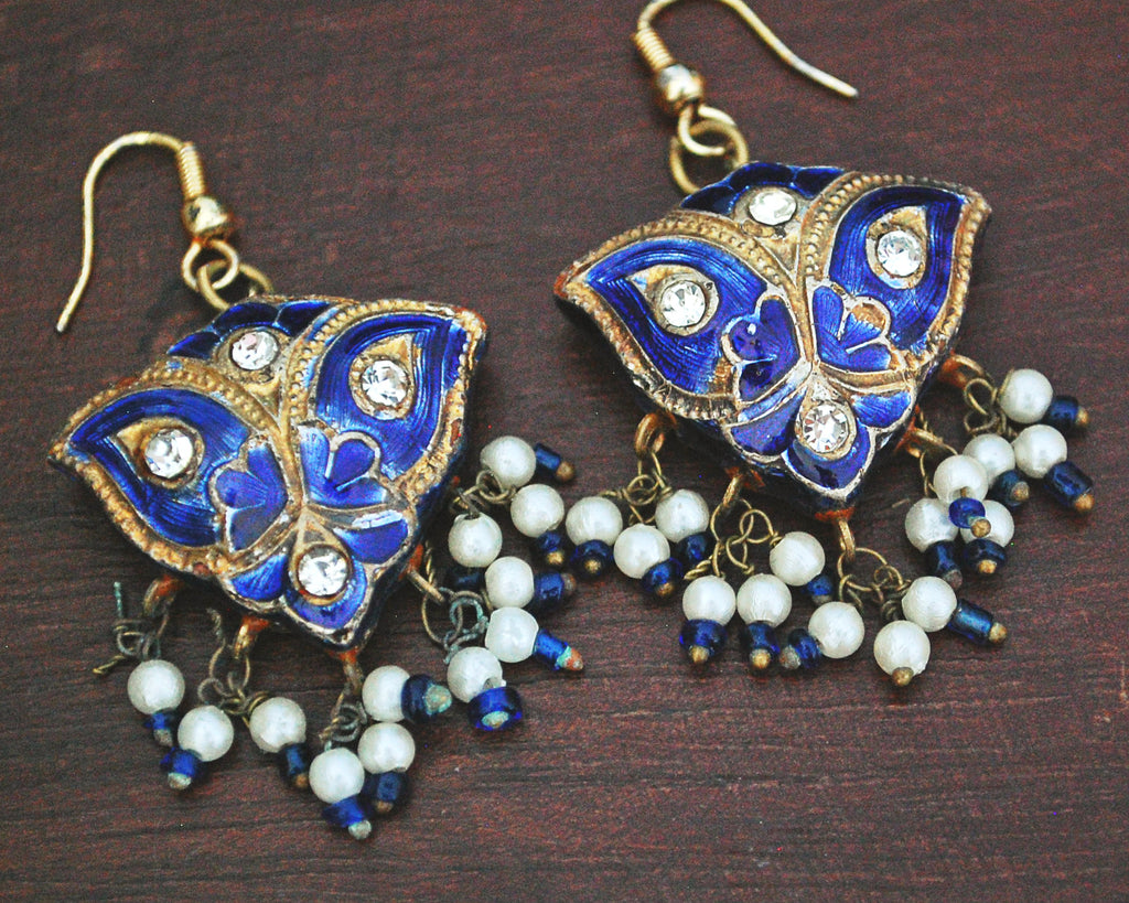 Indian Lacquer Earrings with Blue Enamel