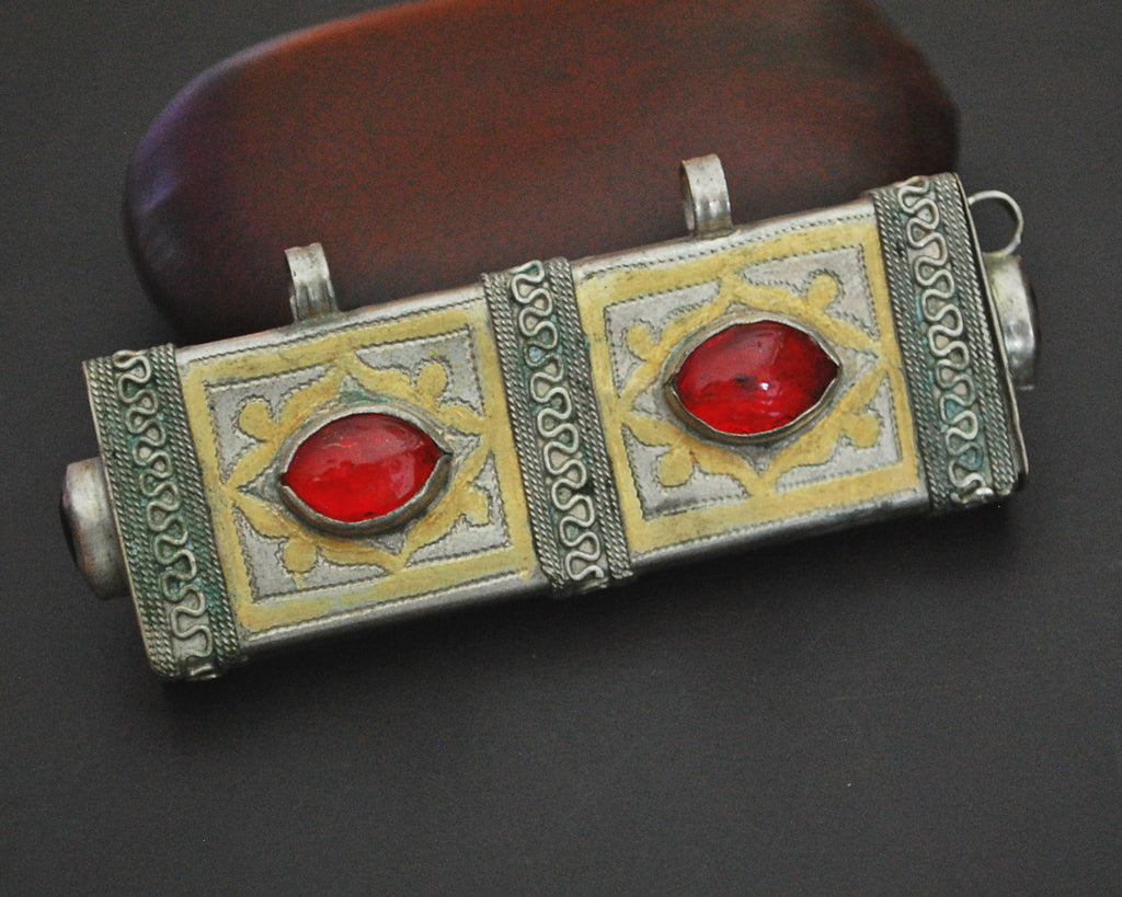 Turkmen Gilded Box Pendant with Red Glass