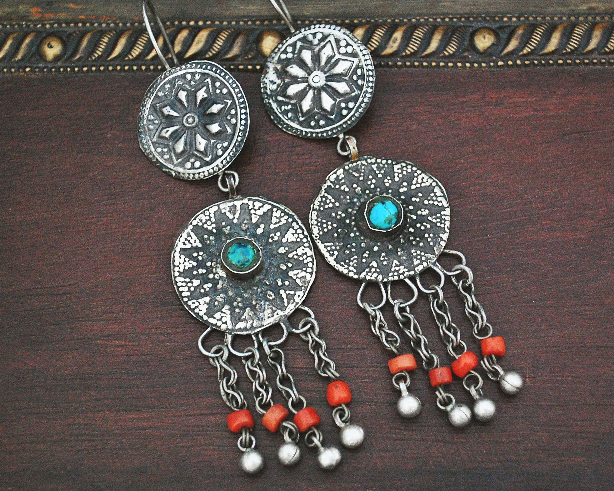 Long Uzbek Coral Turquoise Earrings