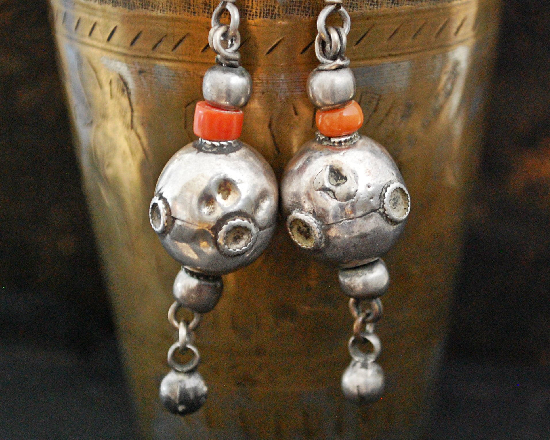 Afghani Silver Coral Dangle Earrings