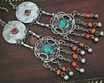 Long Uzbek Coral Turquoise Filigree Earrings