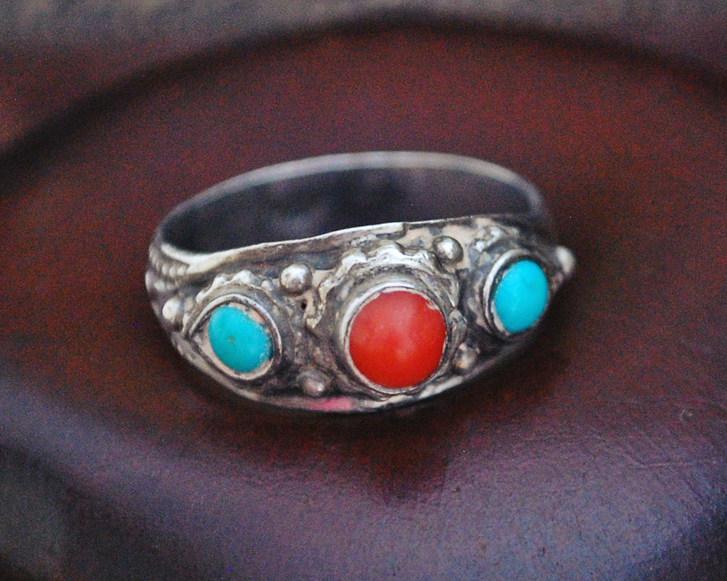 Vintage Nepali Coral Turquoise Ring - Size 7.5