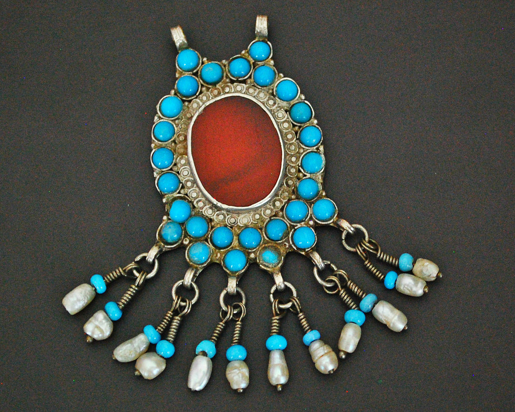 Afghani Carnelian Pendant with Turquoise and Pearls -