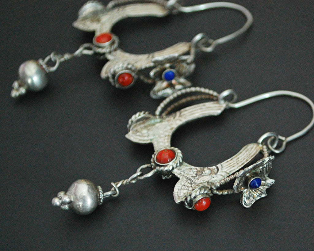 Tibetan Butterfly Lapis Lazuli and Coral Earrings