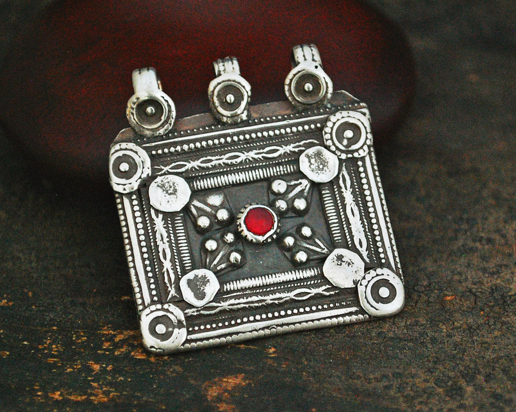 Antique Afghani Silver Pendant with Red Glass