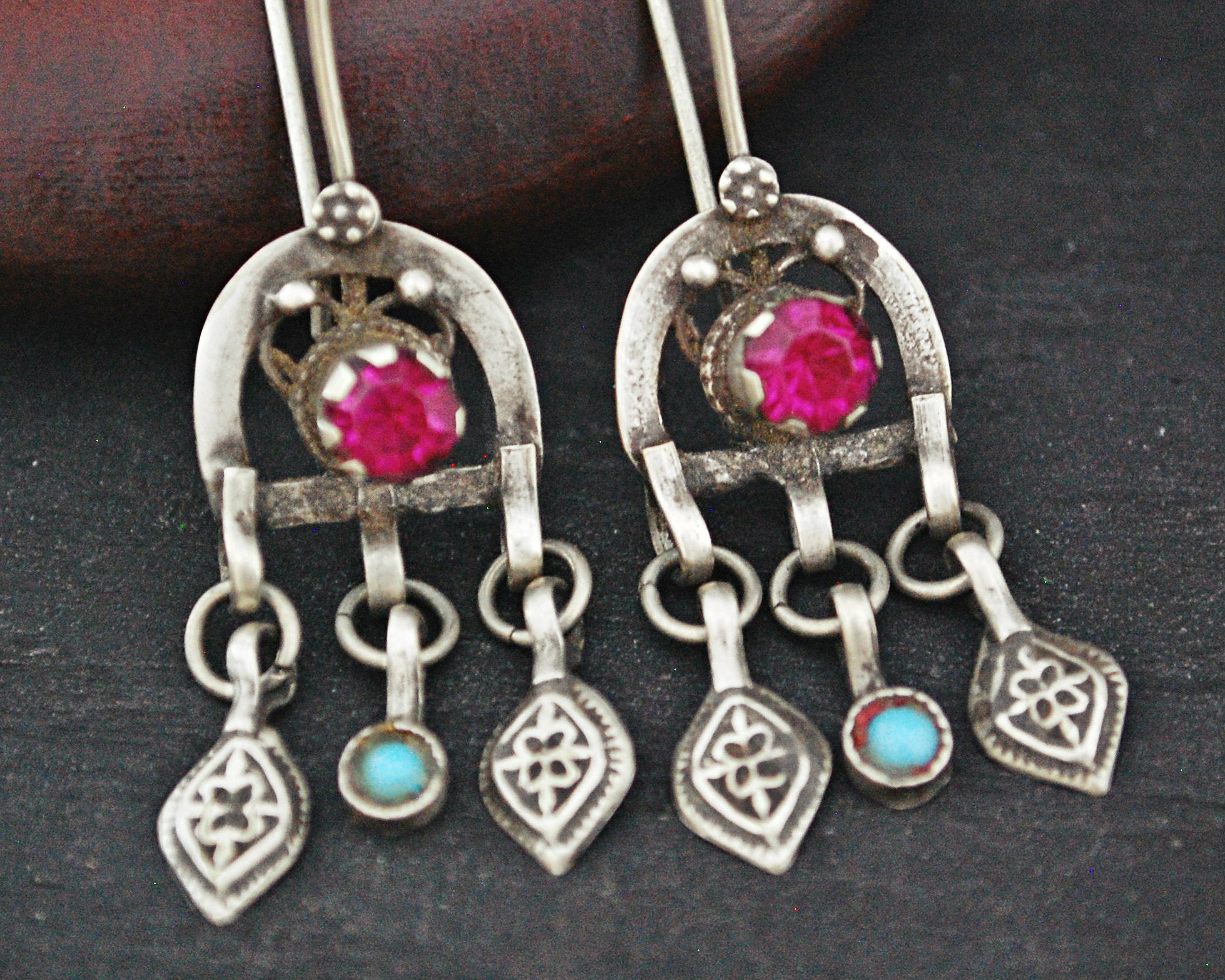 Afghani Earrings with Turquoise and Pink Glass