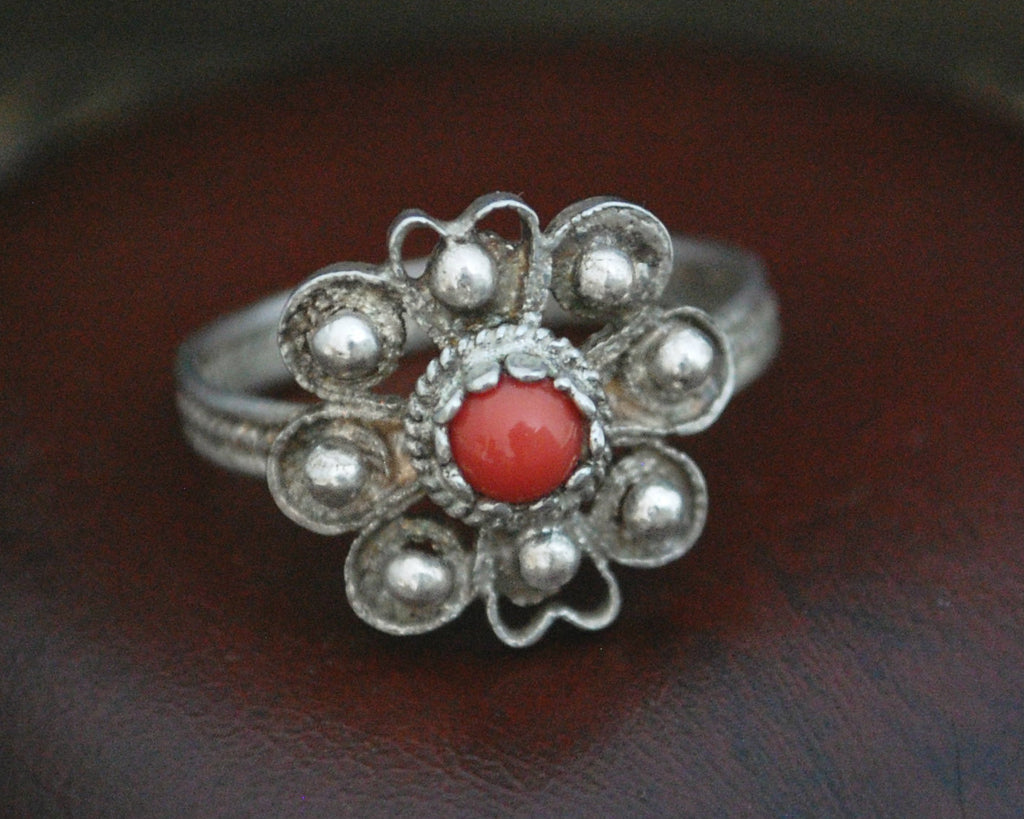 Old Croatian Filigree Coral Ring - Size 7