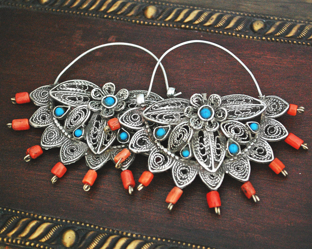 Uzbek Coral Turquoise Filigree Hoop Earrings