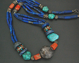 Long Coral, Lapis Lazuli and Turquoise Necklace from India