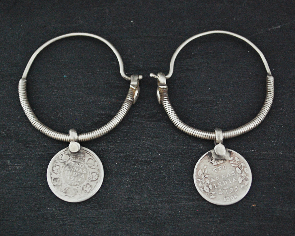 Tribal Indian Hoop Earrings with Coins - Medium