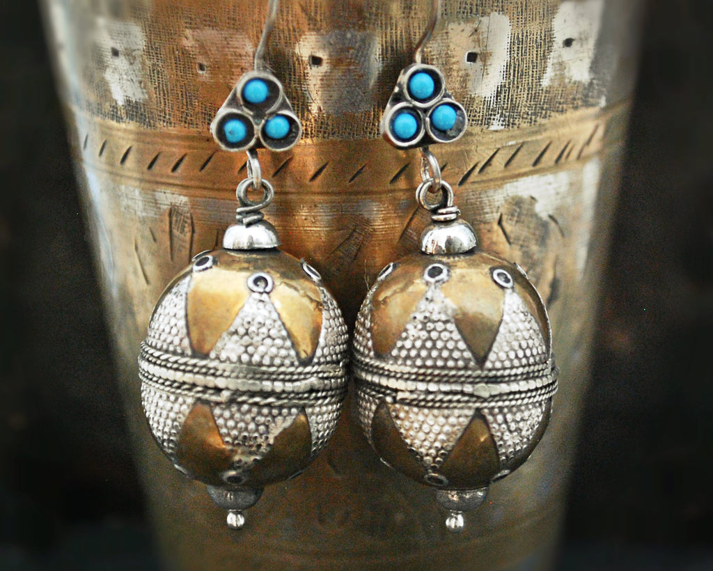 Afghani Silver Gilded Earrings with Turquoise