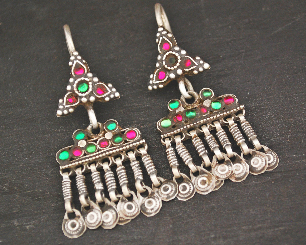 Afghani Earrings with Pink and Green Glass