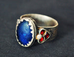 Antique Afghani Ring with Blue and Red Glass - Size 8