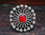 Huge Antique Afghani Silver Ring with Red Glass - Size 7.25