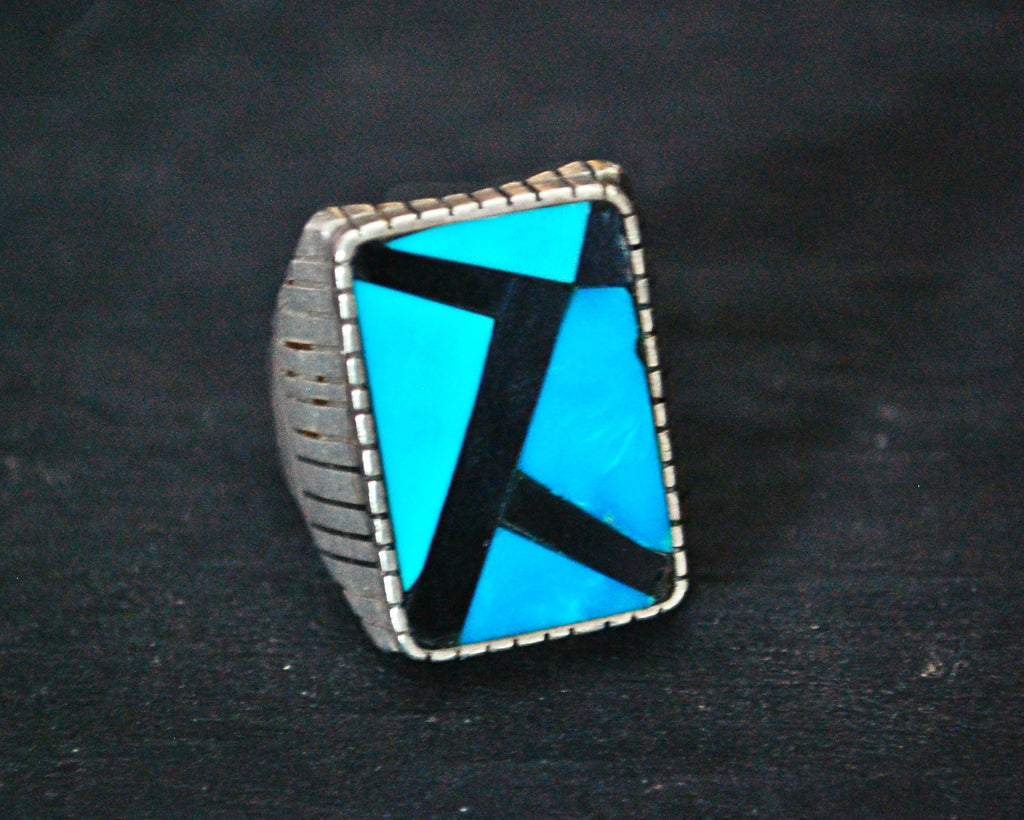 Navajo Turquoise Onyx Inlay Ring - Size 10