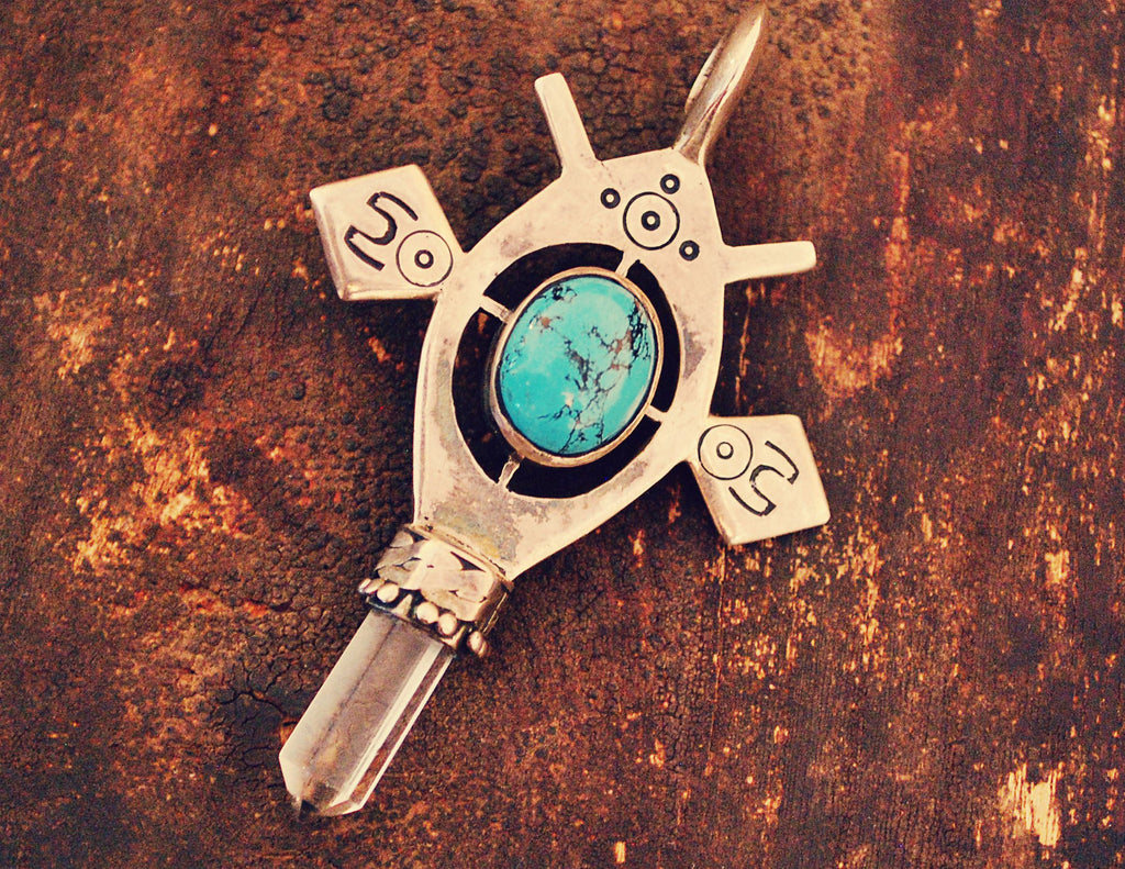 Tuareg Style Silver Cross Pendant with Turquoise and Crystal Quartz Tip