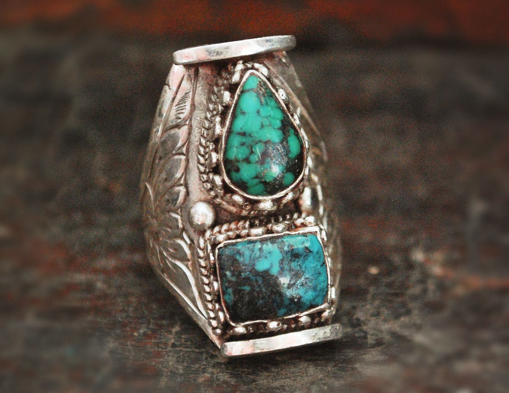 Nepalese Turquoise Lotus Saddle Ring - Size 9.5