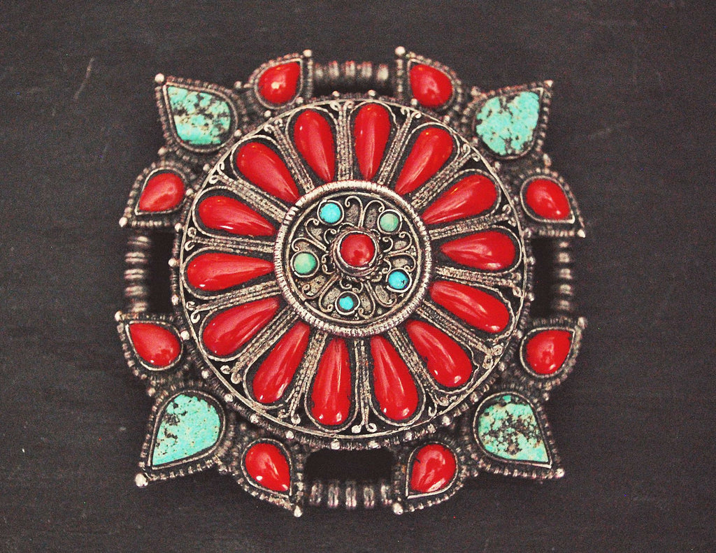 Antique Tibetan Coral and Turquoise Belt Buckle or Pendant