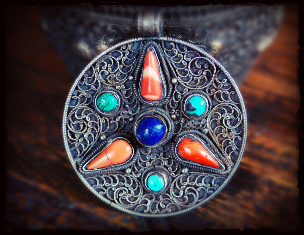 Antique Tibetan Filigree Pendant with Coral, Turquoise and Lapis Lazuli