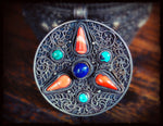 Antique Tibetan Filigree Pendant with Coral, Turquoise and Lapis Lazuli