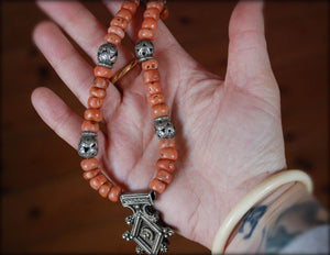 Berber Cross Coral Choker Necklace with Tribal Silver Beads