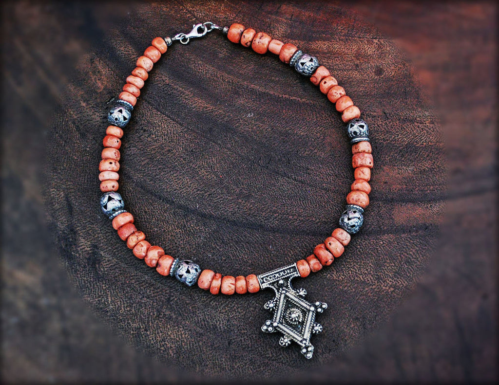 Berber Cross Coral Choker Necklace with Tribal Silver Beads