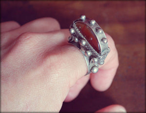 Tuareg Tisek Silver Ring With Agate And Beautiful Decorations - Size 8.5 - Tuareg Silver Ring - Tuareg Jewelry - Ethnic Tribal Ring