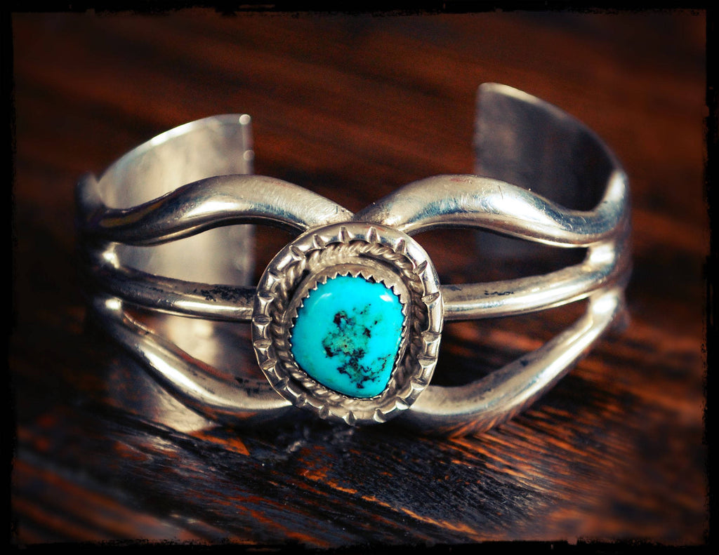 Navajo Native American Turquoise Sandcast Cuff Bracelet - Small