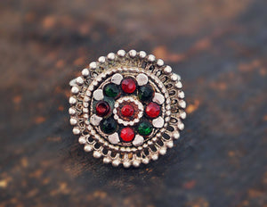 Afghani Ring with Red and Green Glass Stones - Size 8.5