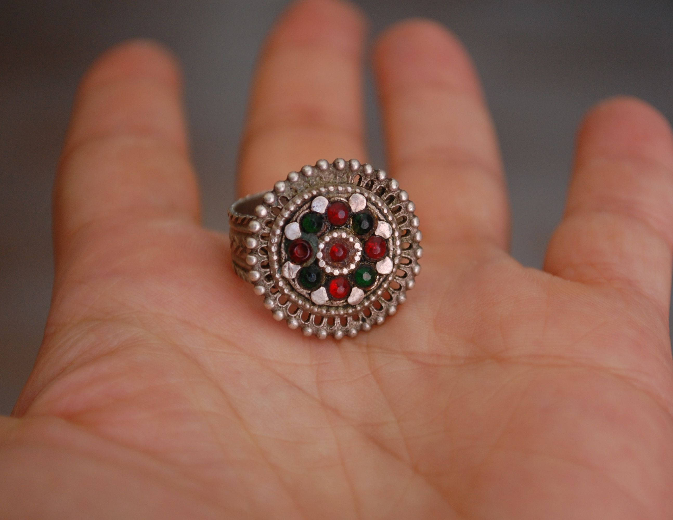 Afghani Ring with Red and Green Glass Stones - Size 8.5