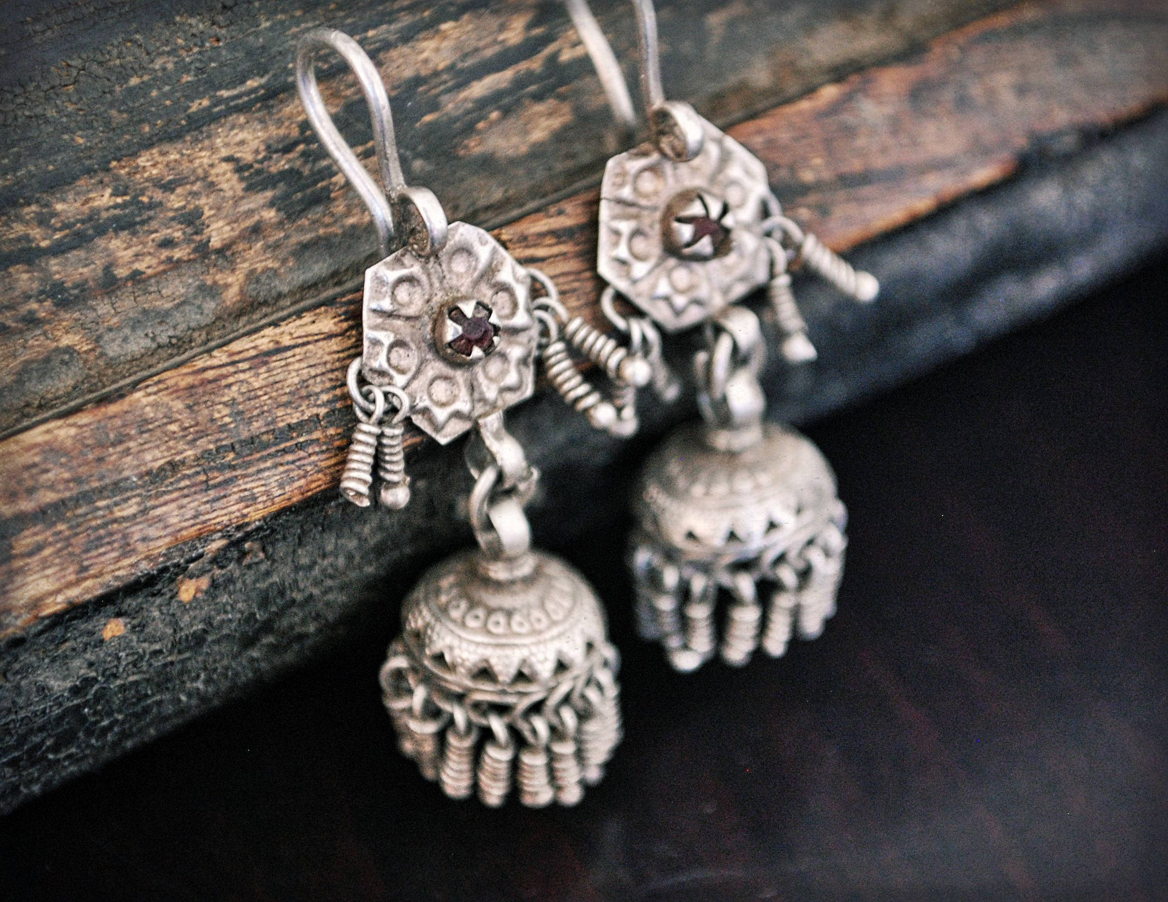 Tribal Kashmiri Jhumka Earrings with Red Glass - Tribal Silver Earrings - Tribal Afghan Earrings - Jhumka Earrings - Ethnic Tribal Earrings