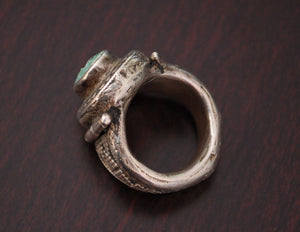 Old Kazakh Silver Turquoise Ring - Size 9 - Central Asia Ethnic Tribal Ring - Ring from Kazakhstan - Tribal Silver Ring