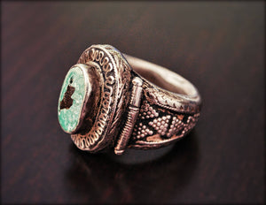 Old Kazakh Silver Turquoise Ring - Size 9 - Central Asia Ethnic Tribal Ring - Ring from Kazakhstan - Tribal Silver Ring