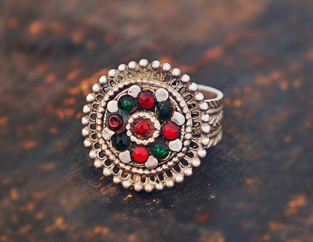 Afghani Ring with Red and Green Glass Stones - Size 8.5