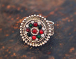 Afghani Ring with Red and Green Glass Stones - Size 8.5