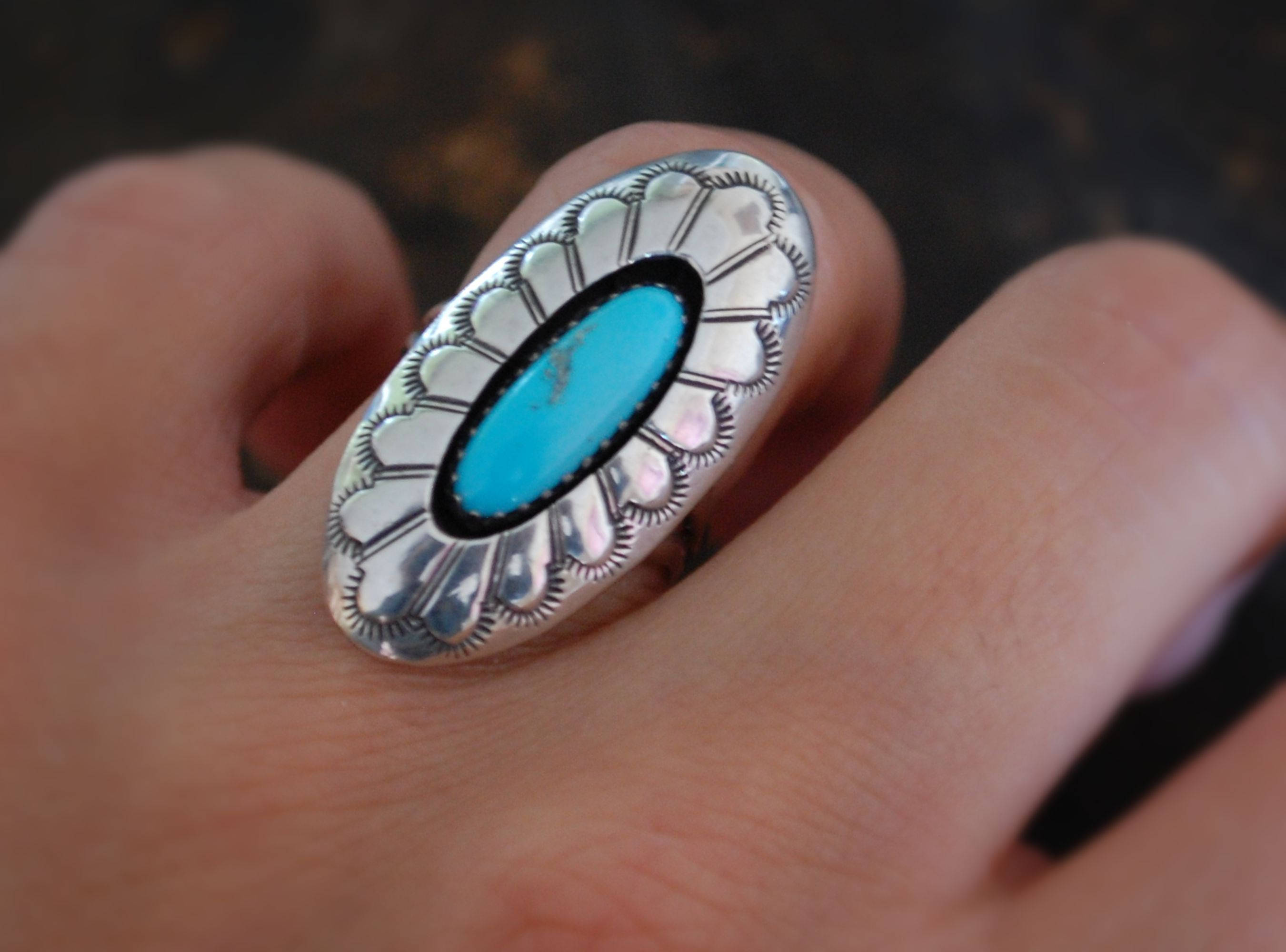 Native American Navajo Turquoise Ring - Size 6 - Navajo Stamped Concho Ring