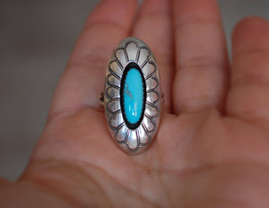 Native American Navajo Turquoise Ring - Size 6 - Navajo Stamped Concho Ring