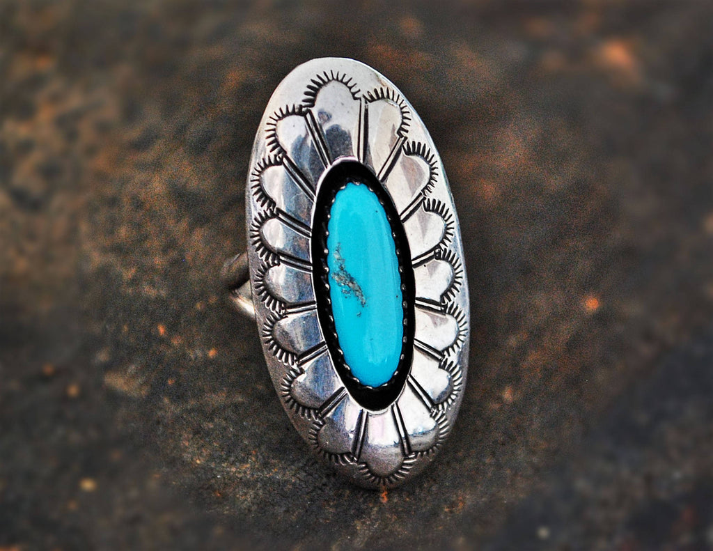 Native American Navajo Turquoise Ring - Size 6 - Navajo Stamped Concho Ring