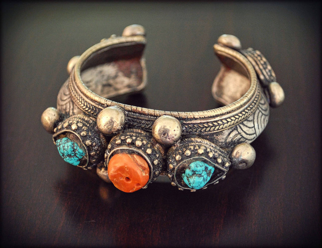 Antique Tibetan Bracelet With Turquoise and Coral - Bhutanese Dobchu Bracelet - Tibetan Antiques - Antique Himalayan Cuff Bracelet