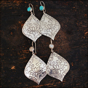 Lotus Dangle Earrings with Turquoise and Moonstone