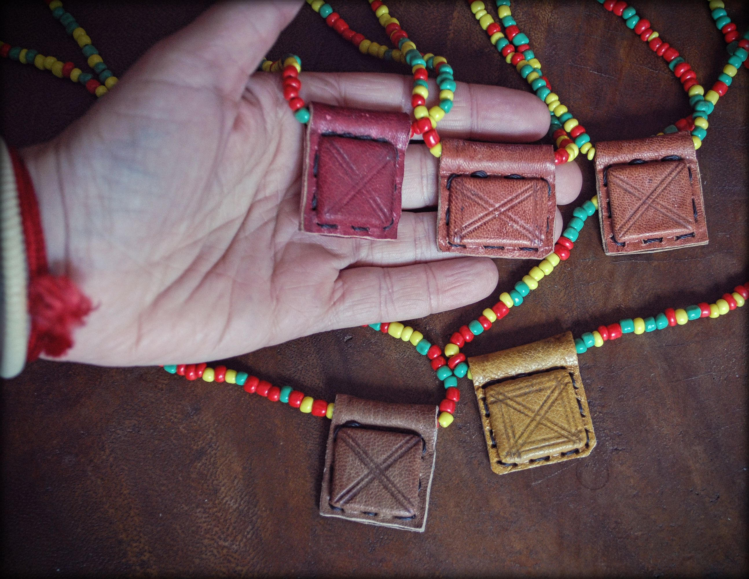 African Rasta Gri Gri Necklace from Mali - Tribal Tuareg Necklace - African Leather Talisman - Rasta Bead Necklace