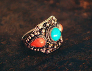 Antique Chinese Coral and Turquoise Ring - Size 9 - Antique Chinese Ring - Ethnic Chinese Ring - Antique Coral Ring - Old Chinese Ring