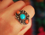 Antique Chinese Coral and Turquoise Ring - Size 9 - Antique Chinese Ring - Ethnic Chinese Ring - Antique Coral Ring - Old Chinese Ring