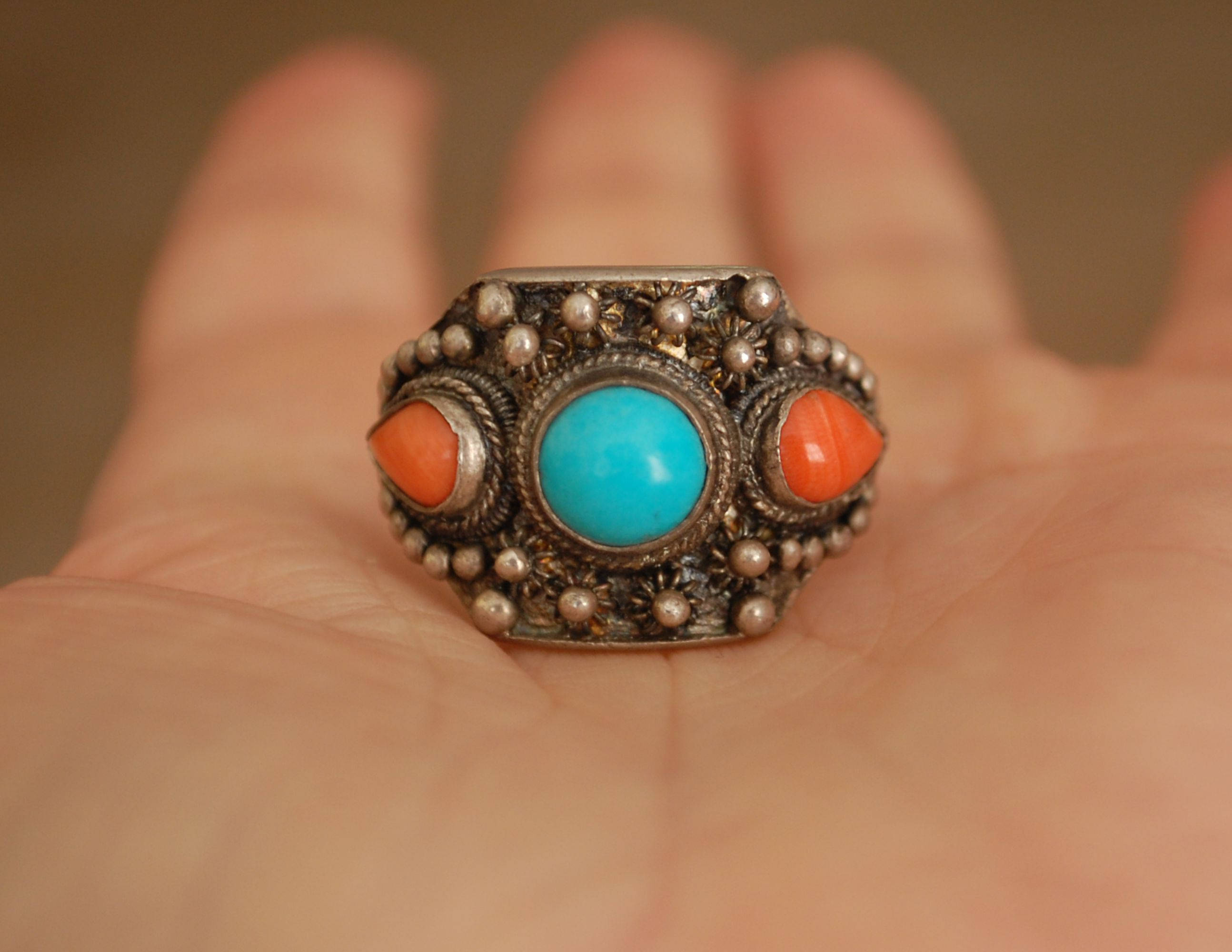 Antique Chinese Coral and Turquoise Ring - Size 9 - Antique Chinese Ring - Ethnic Chinese Ring - Antique Coral Ring - Old Chinese Ring