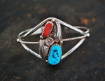 Native American Navajo Cuff Bracelet with Coral, Turquiose, Flower and Leaf - Navajo Bracelet - Navajo Jewelry - XS