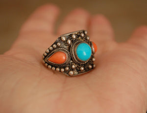 Antique Chinese Coral and Turquoise Ring - Size 9 - Antique Chinese Ring - Ethnic Chinese Ring - Antique Coral Ring - Old Chinese Ring