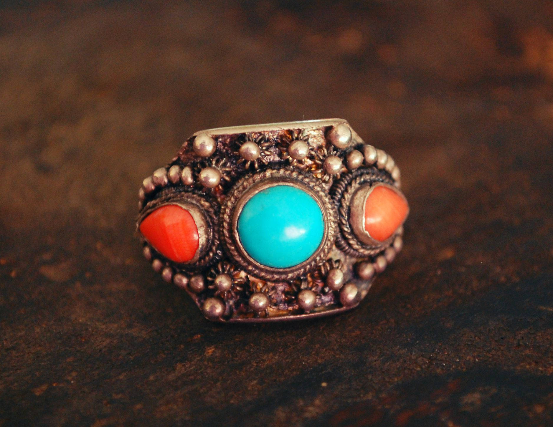 Antique Chinese Coral and Turquoise Ring - Size 9 - Antique Chinese Ring - Ethnic Chinese Ring - Antique Coral Ring - Old Chinese Ring