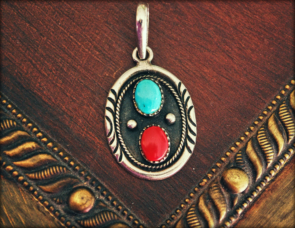 Navajo Coral and Turquoise Pendant - Native American Pendant with Coral and Turquoise