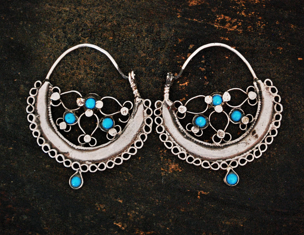 Antique Afghani Hoop Earrings with Turquoise - Afghani Earrings - Afghani Jewelry - Ethnic Hoop Earrings