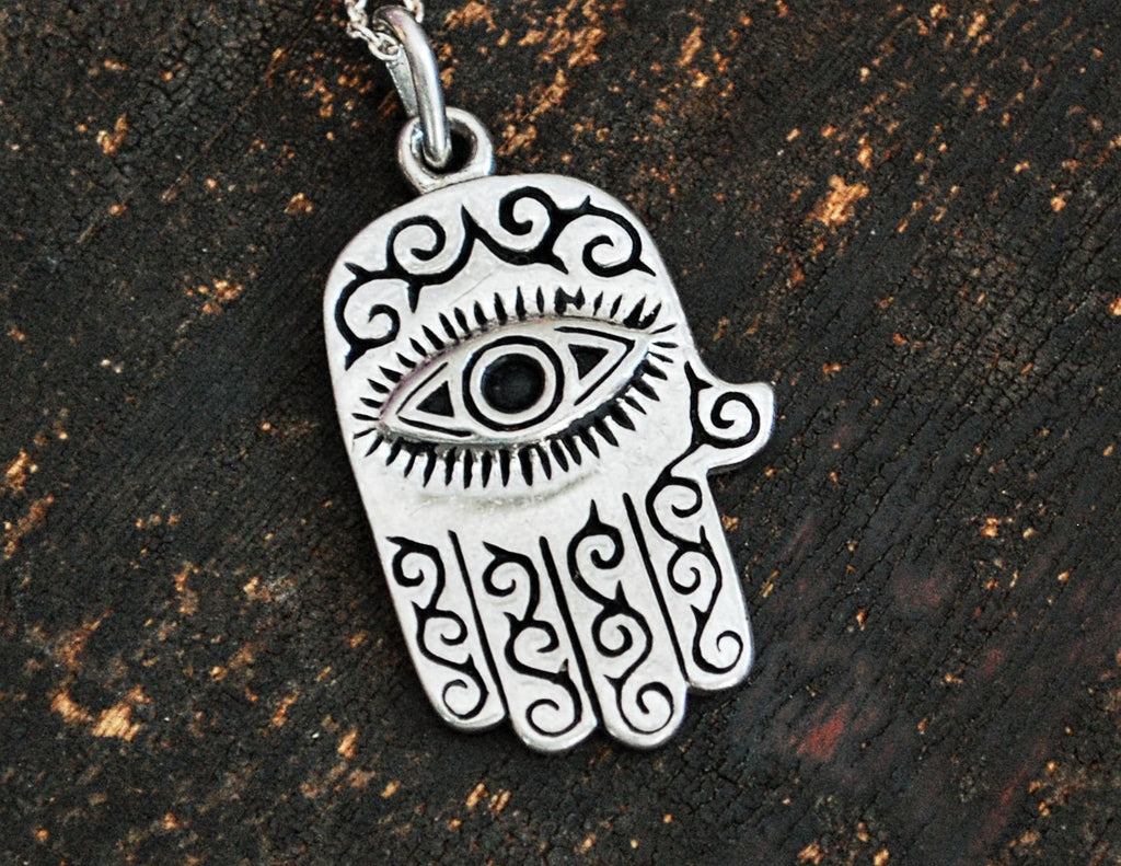 Hamsa Pendant with Eye - Hand of Fatima Pendant Amulet on Silver Chain